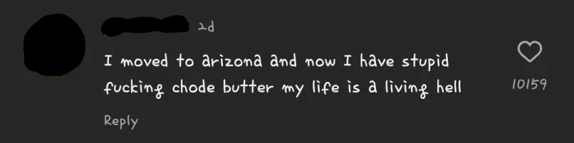 instagram comment that says i moved to arizona and now i have stupid fucking chode butter my life is a living hell